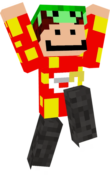 Ronan's Minecraft skin, arms up, red and yellow shirt with a green cap